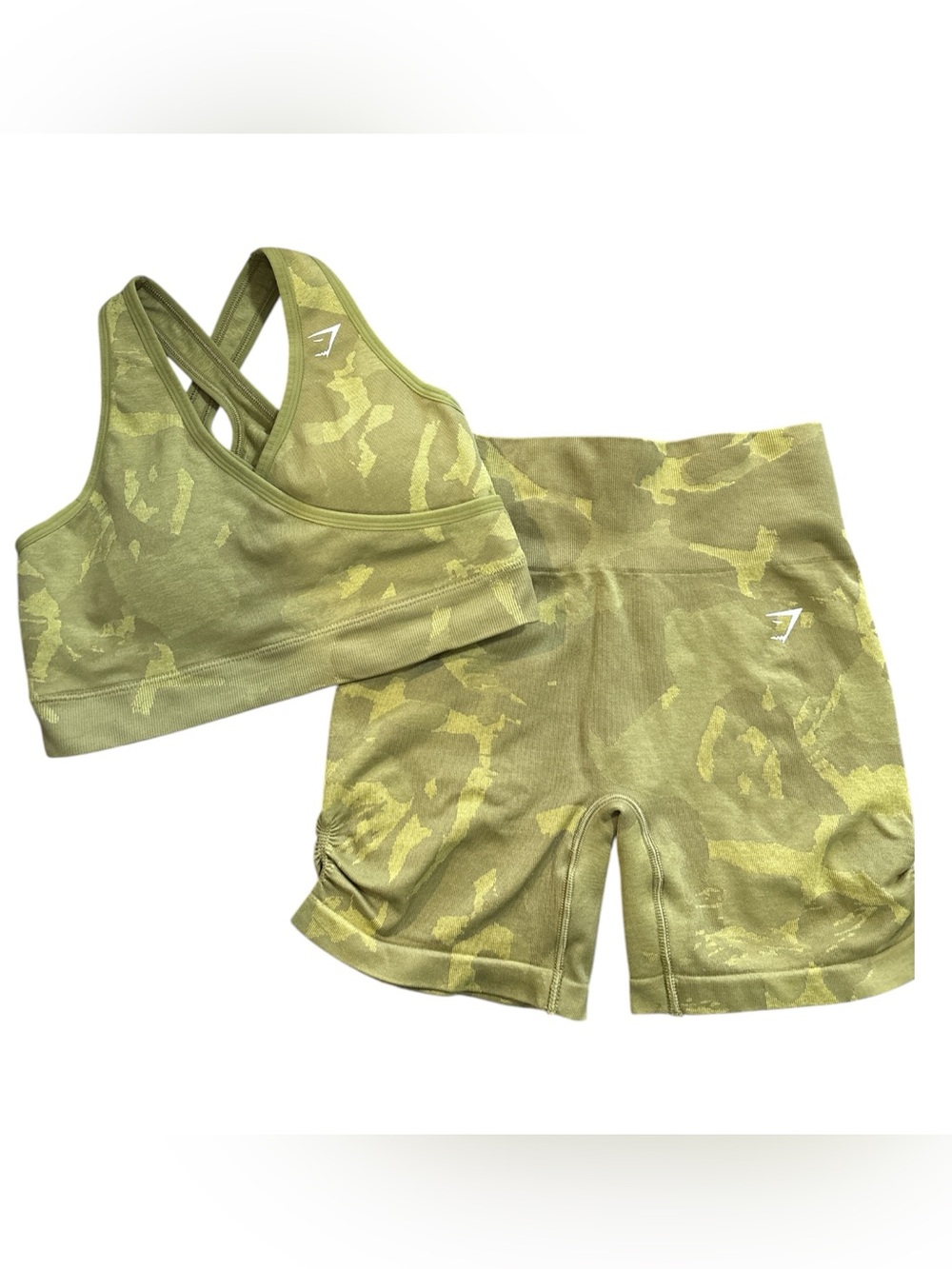 Gymshark Olive Camo Seamless Sports Bra & Bike Shorts Set